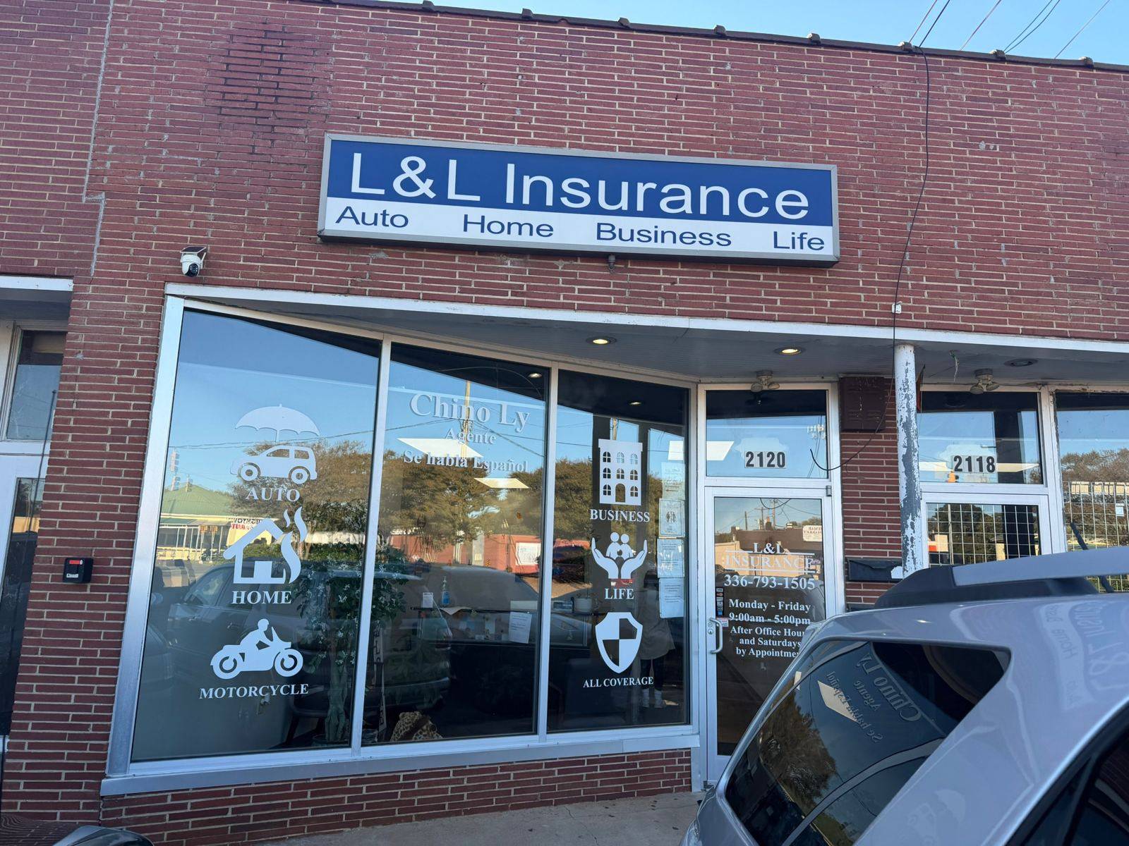 Front of the L&L Insurance office at 2120 Old Lexington Road, Winston-Salem