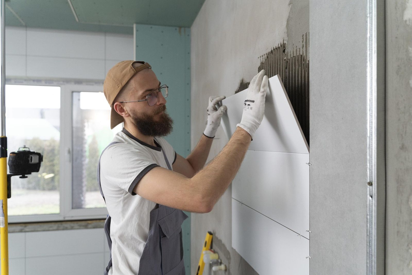 A worker installing tile in a bathroom remodel